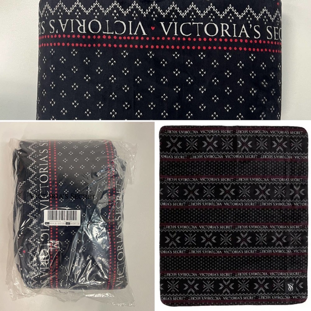 New Victoria's Secret Cozy Sherpa Throw Blanket Black Red Snowflakes Holiday